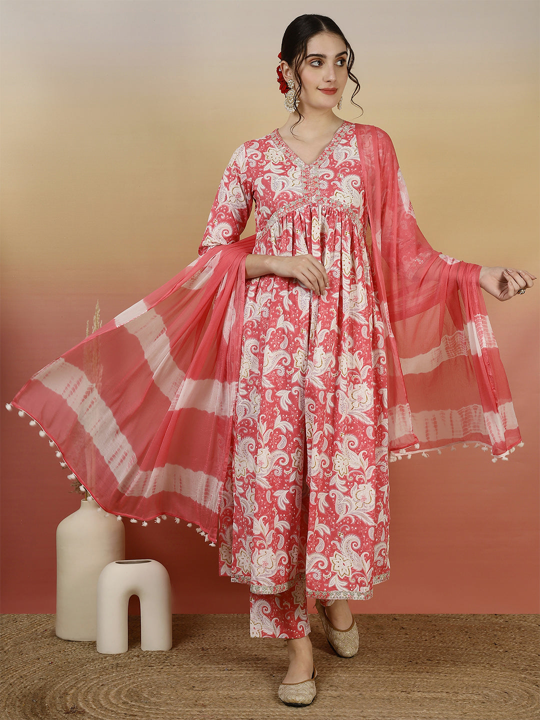 Women Embroidered Cotton Printed Ankle Length V-Neck Anarkali Kurta, Palazzo With Dupatta Set