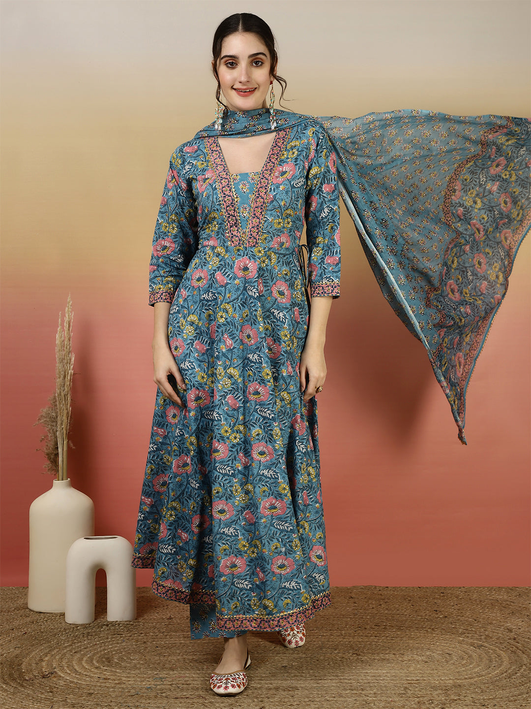 Women Cotton Printed Ankle Length V-Neck Anarkali Kurta, Palazzo With Dupatta Set