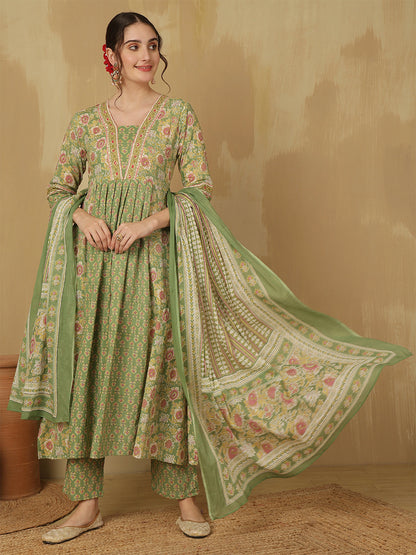 Glam Roots green cotton printed anarkali kurta – wholesale supplier