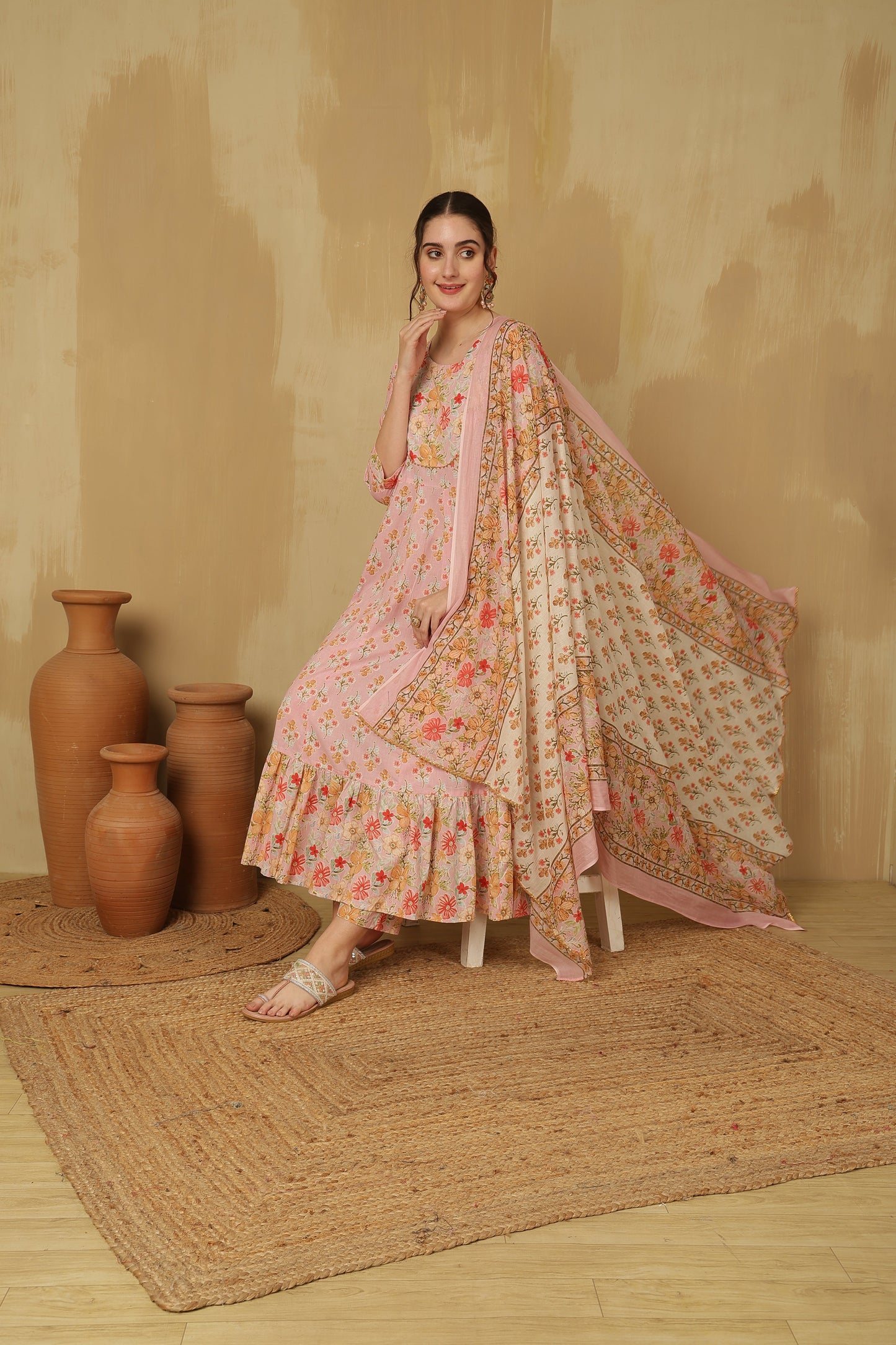 Women Cotton Printed Ankle Length Round Neck Anarkali Kurta, Palazzo With Dupatta Set