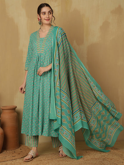 Women Cotton Printed Ankle Length V-Neck Anarkali Kurta, Palazzo With Dupatta Set