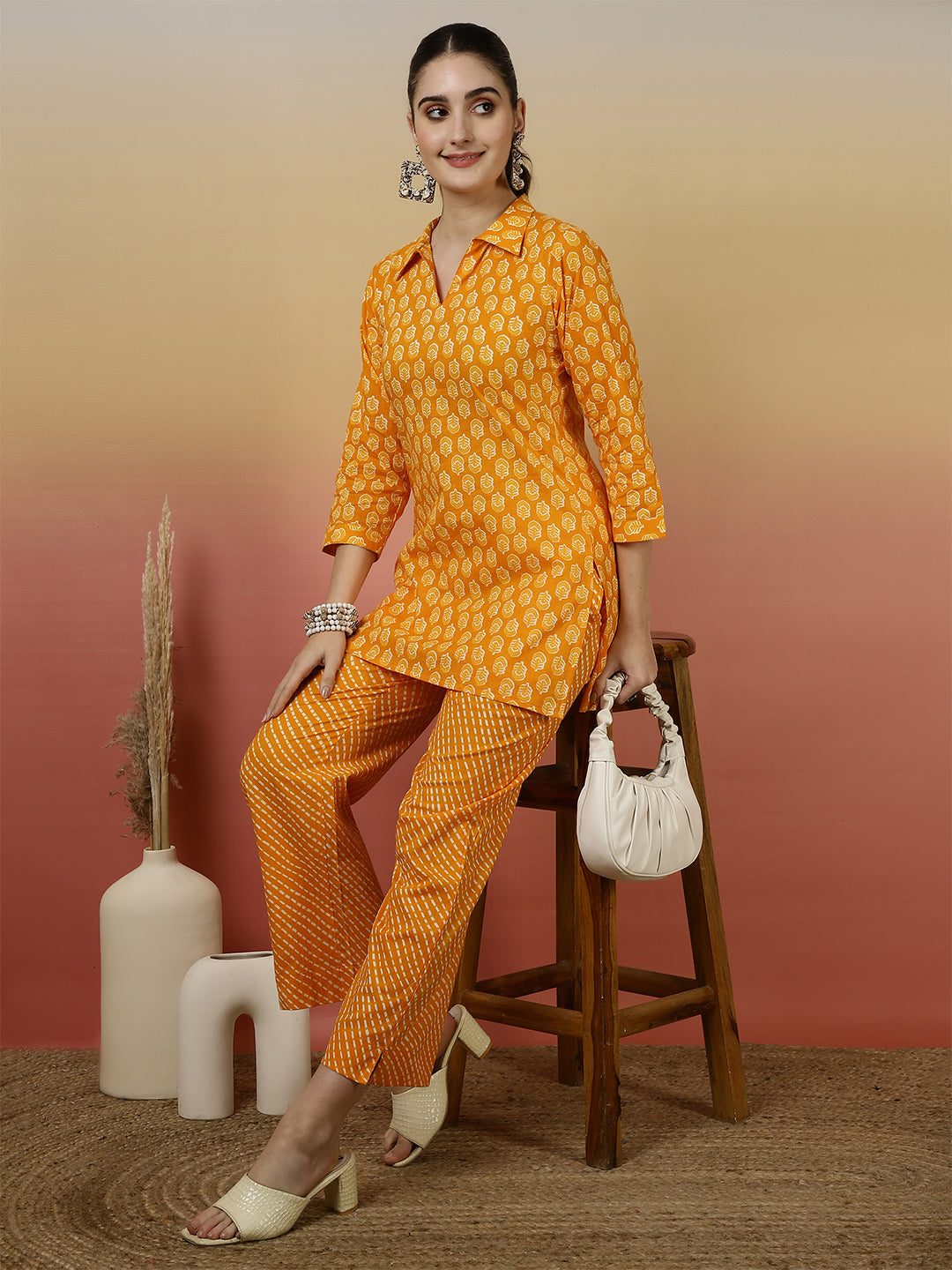 Women Cotton Printed Collar Neck Co-Ord Sets With Trousers