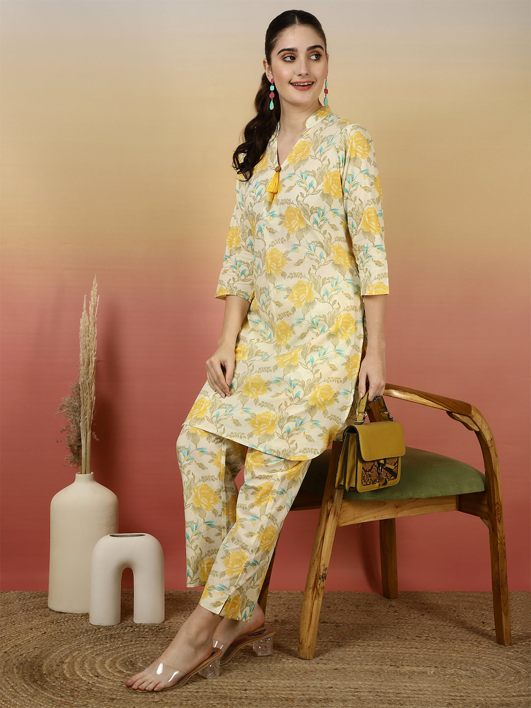 Women Cotton Printed Collar Neck Co-Ord Sets With Trousers