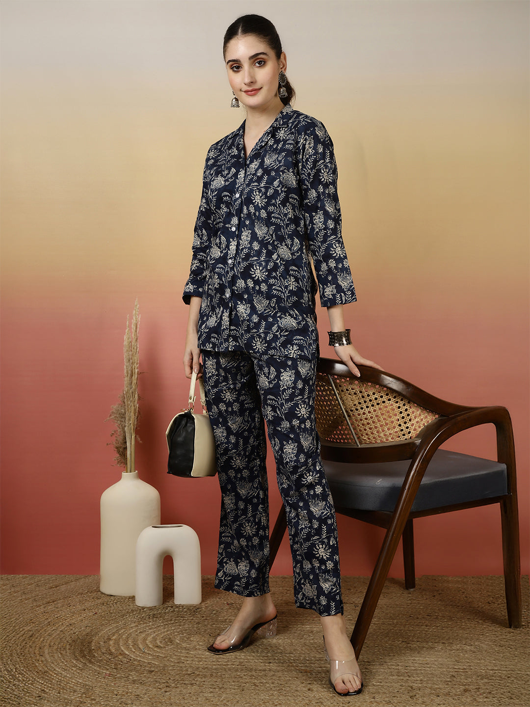Women Cotton Printed Collar Neck Co-Ord Sets With Trousers