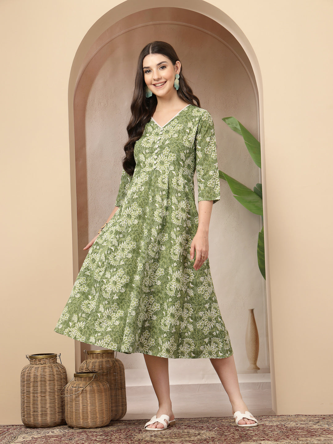 Floral Printed Cotton Flared Dress