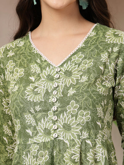 Floral Printed Cotton Flared Dress