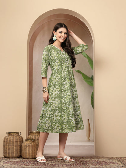 Floral Printed Cotton Flared Dress