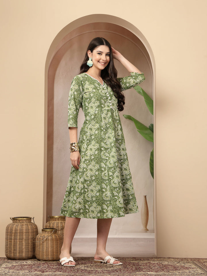 Floral Printed Cotton Flared Dress