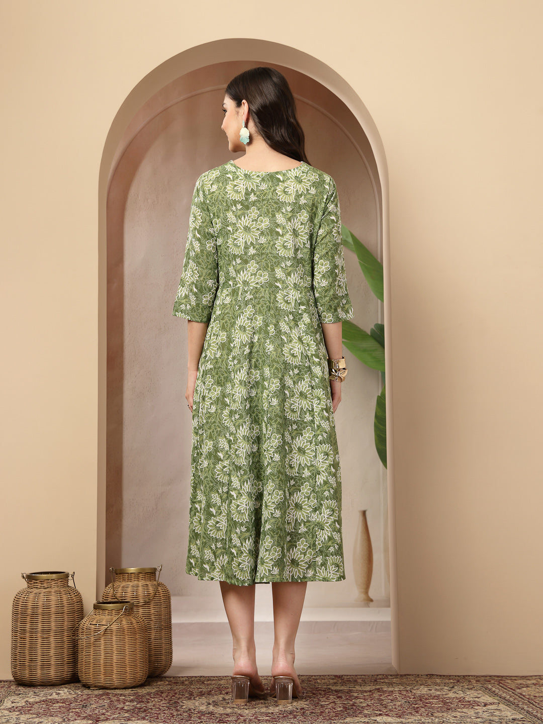 Floral Printed Cotton Flared Dress