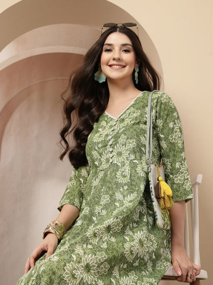 Floral Printed Cotton Flared Dress