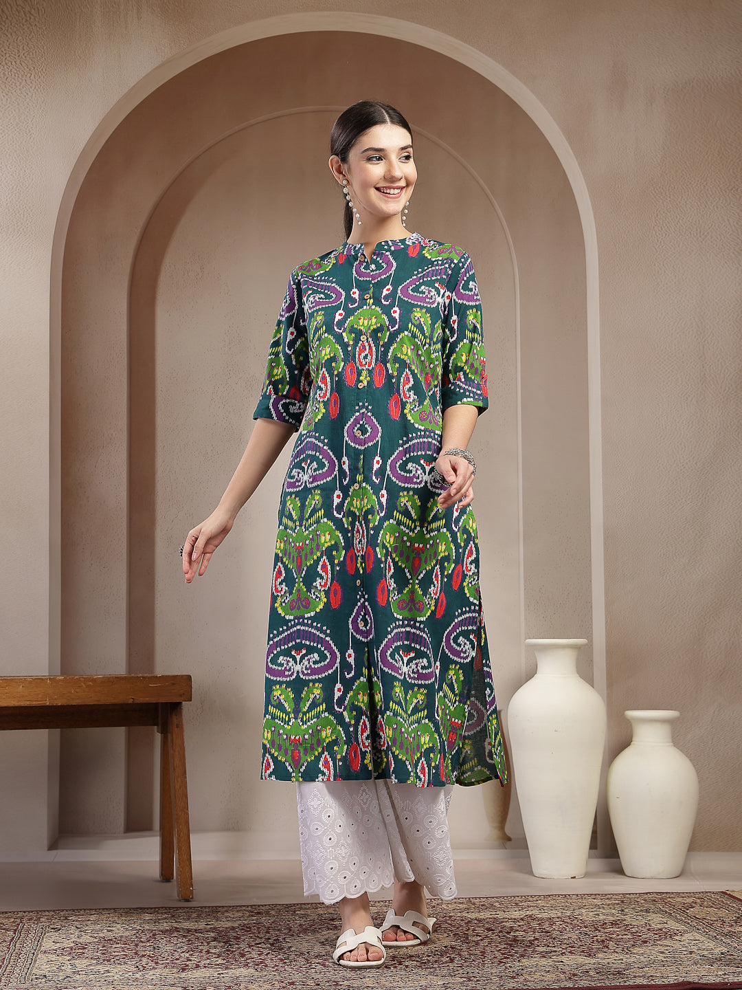 Ikkat Printed Cotton A-Line Kurta