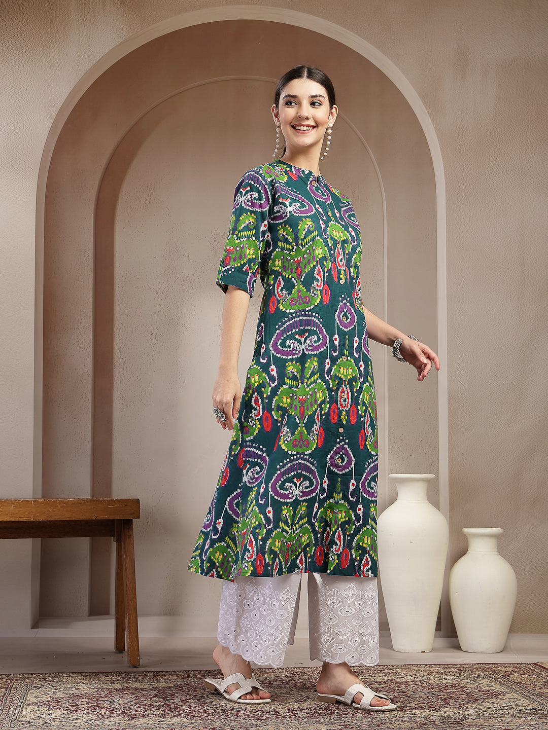 Ikkat Printed Cotton A-Line Kurta