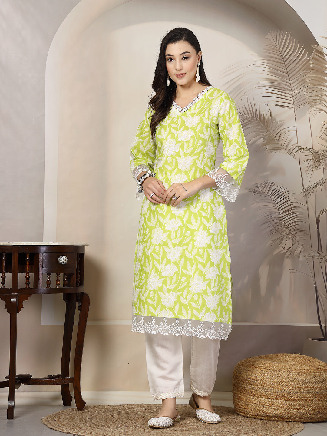 Green Floral Printed Cotton Straight Kurta (Pre-Order)