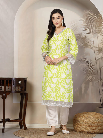 Green Floral Printed Cotton Straight Kurta (Pre-Order)