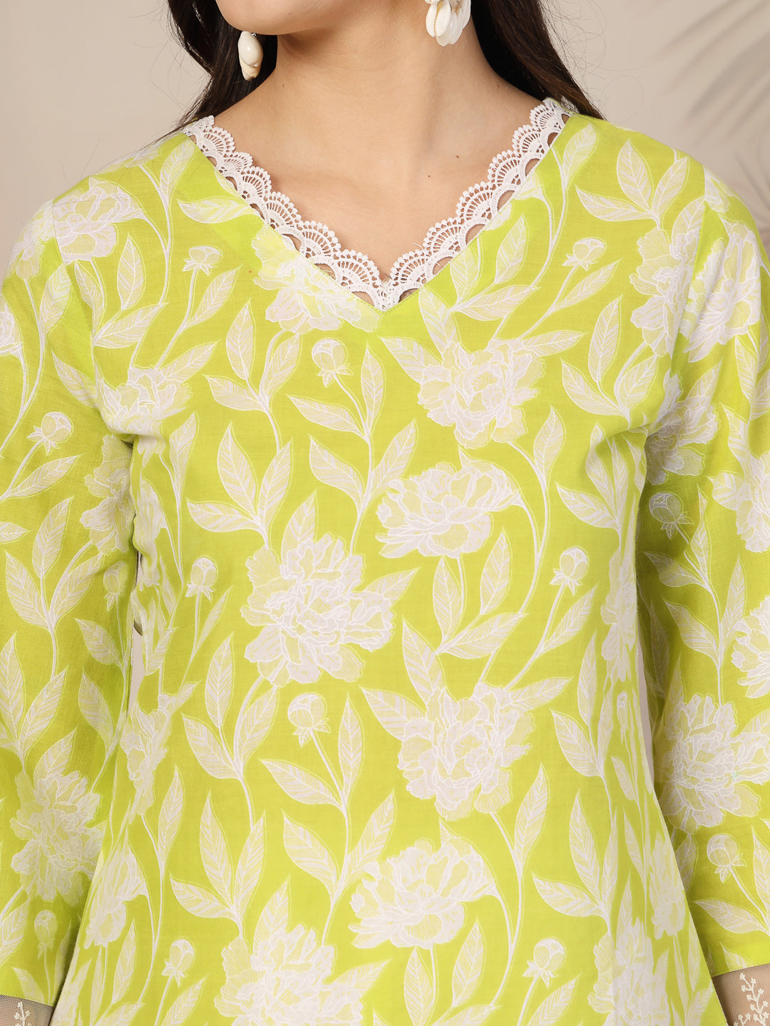 Green Floral Printed Cotton Straight Kurta (Pre-Order)