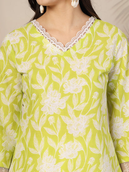 Green Floral Printed Cotton Straight Kurta (Pre-Order)