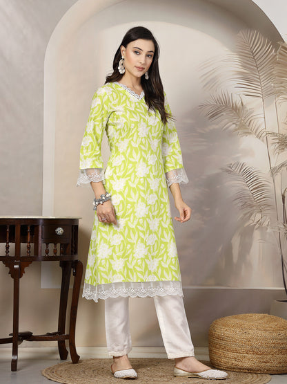 Green Floral Printed Cotton Straight Kurta (Pre-Order)
