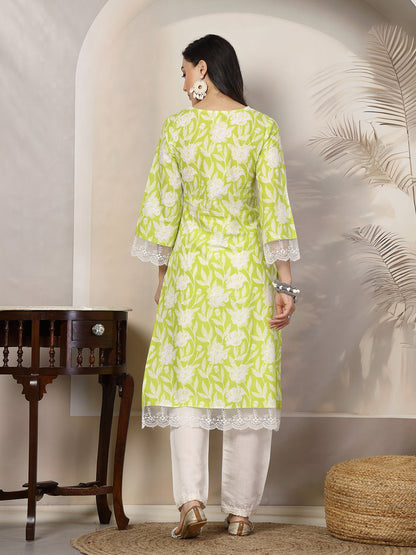 Green Floral Printed Cotton Straight Kurta (Pre-Order)