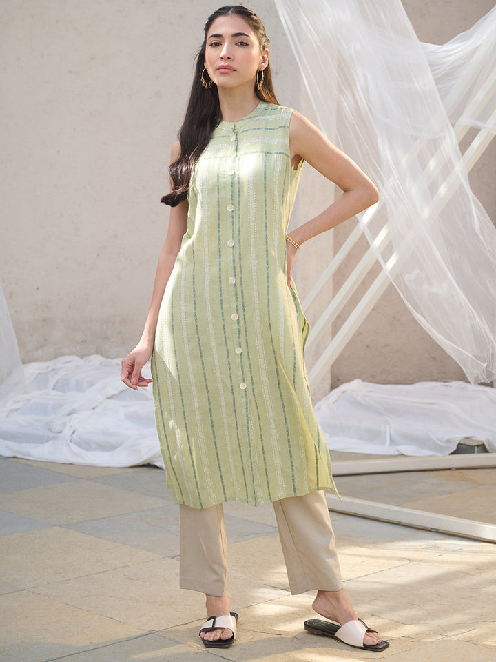 Green Woven Design Cotton Blend Straight Kurta