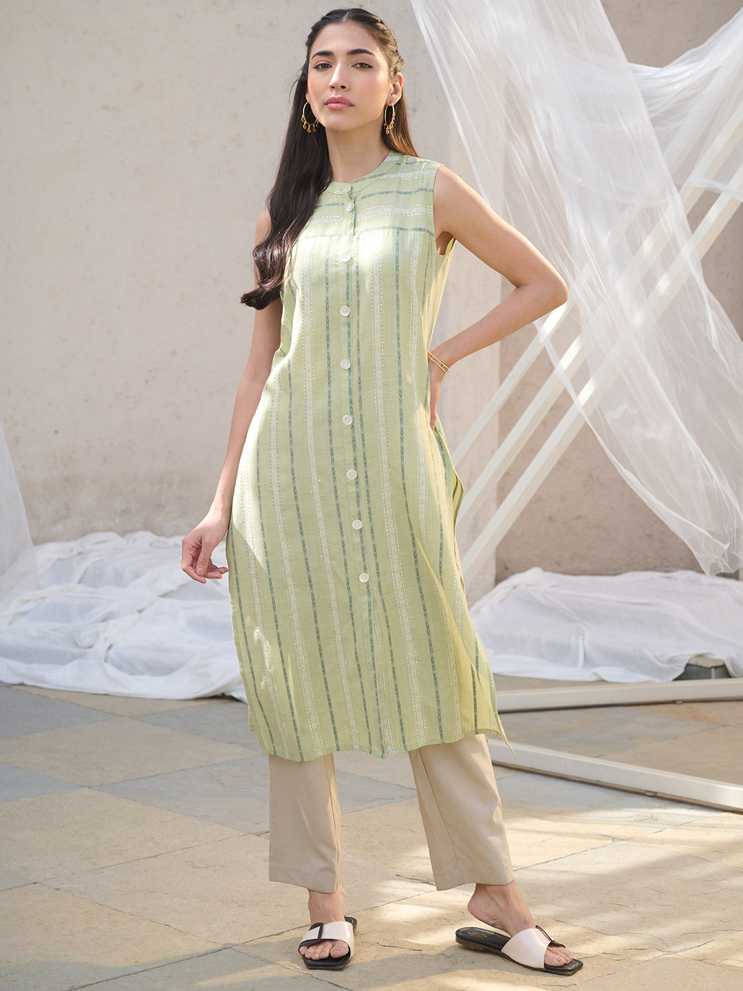 Green Woven Design Cotton Blend Straight Kurta (Pre-Order)