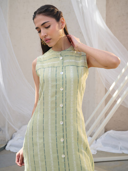 Green Woven Design Cotton Blend Straight Kurta (Pre-Order)