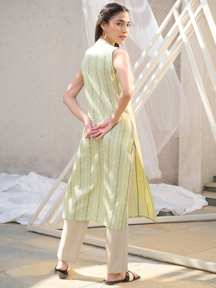 Green Woven Design Cotton Blend Straight Kurta