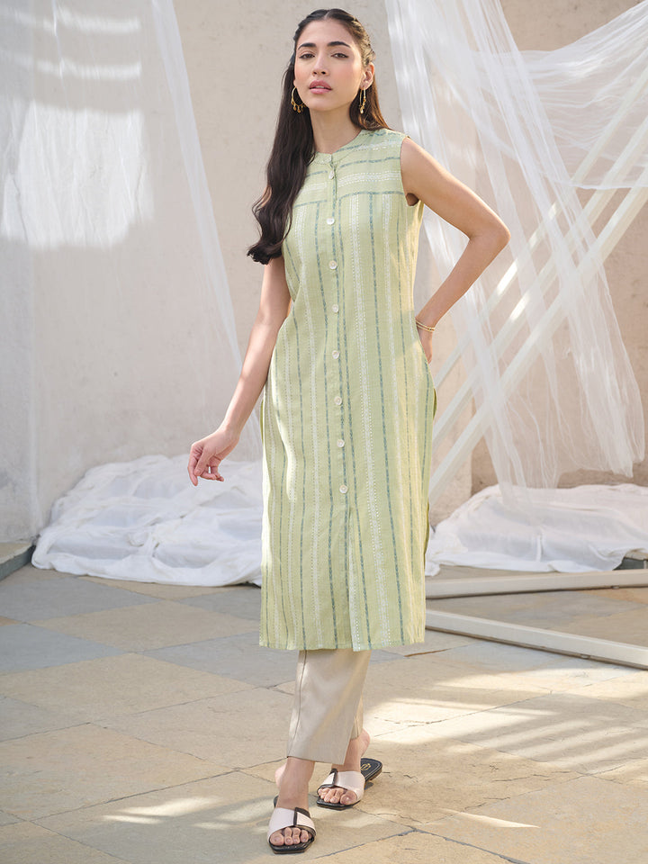Green Woven Design Cotton Blend Straight Kurta