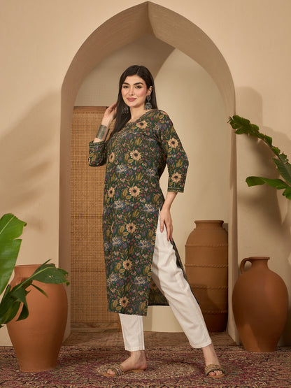 Floral Printed Cotton Straight Kurta