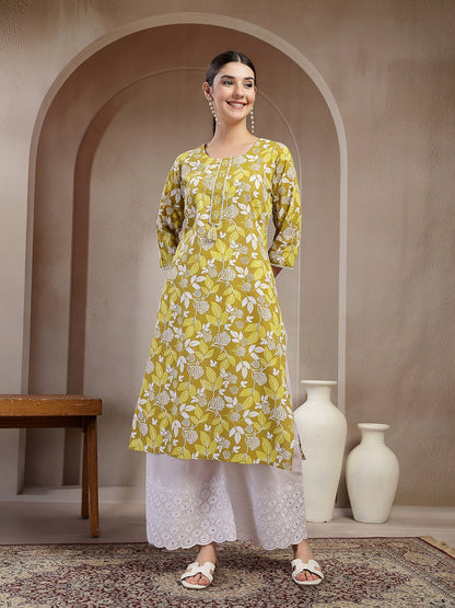 Green Floral Printed Cotton Straight Kurta