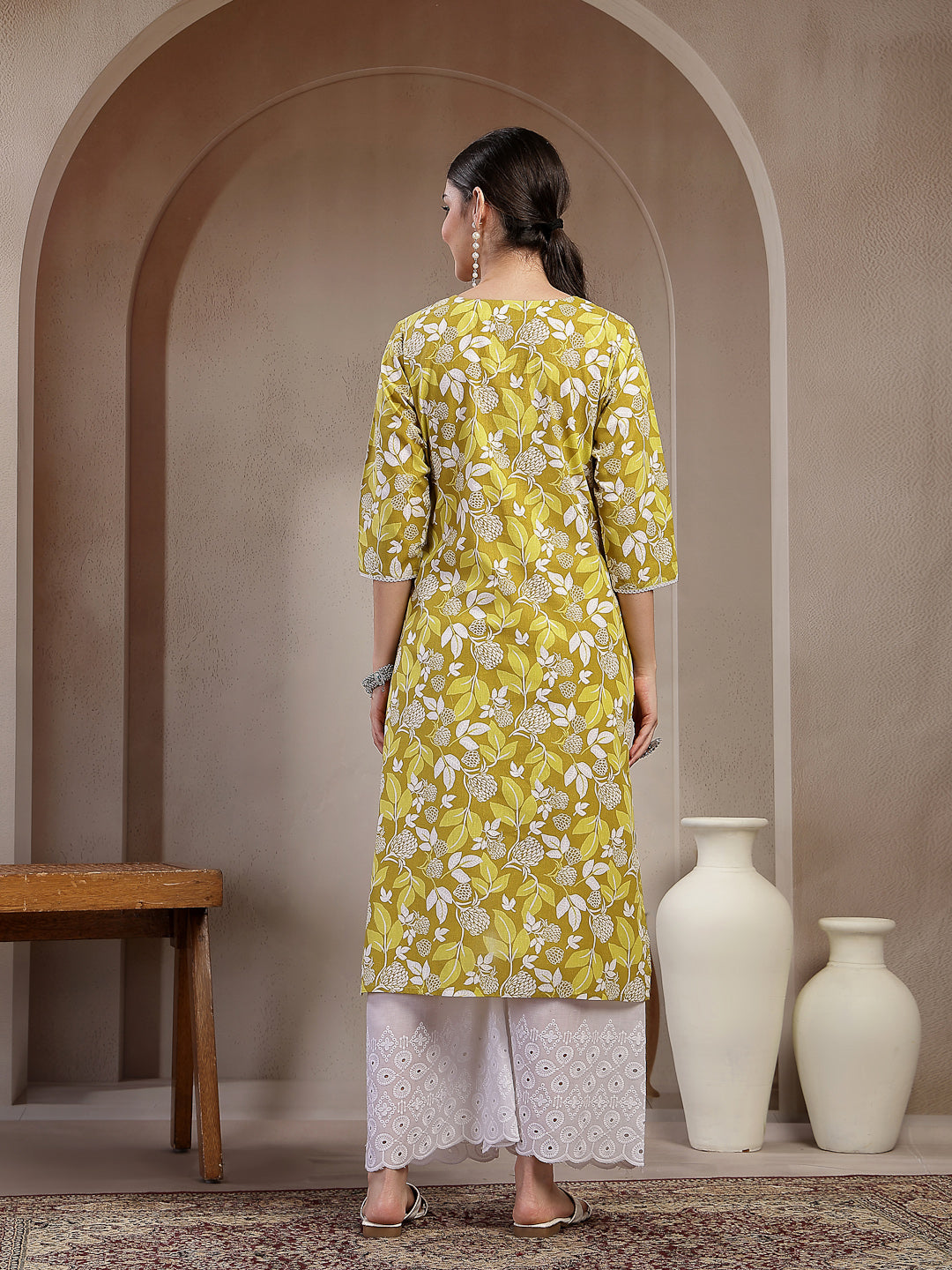 Green Floral Printed Cotton Straight Kurta