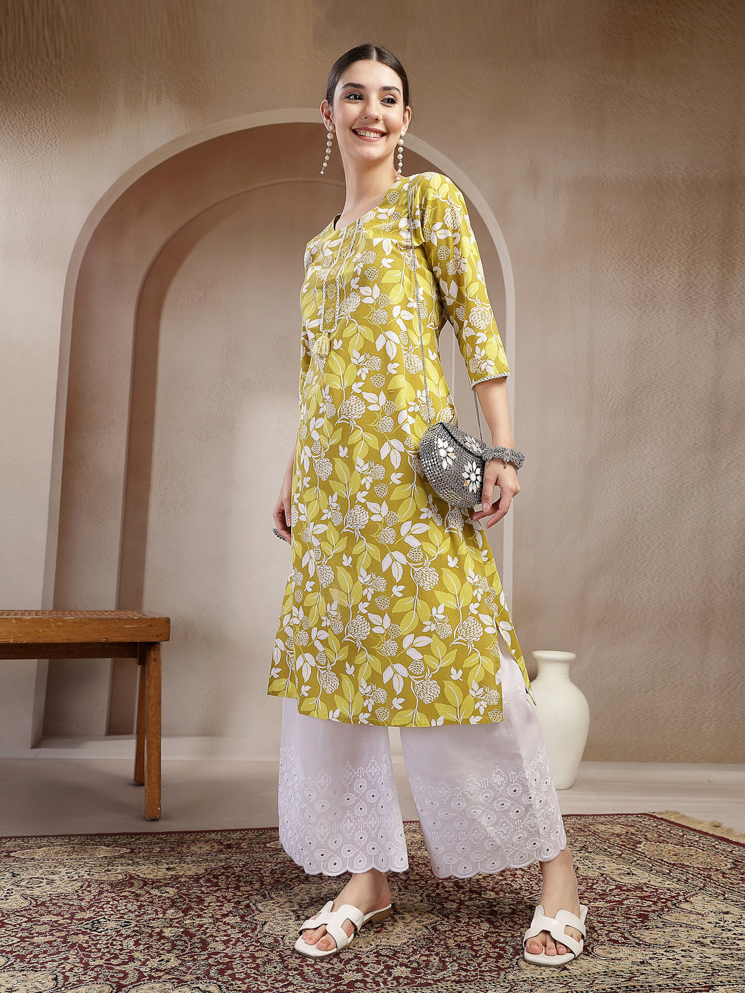 Green Floral Printed Cotton Straight Kurta
