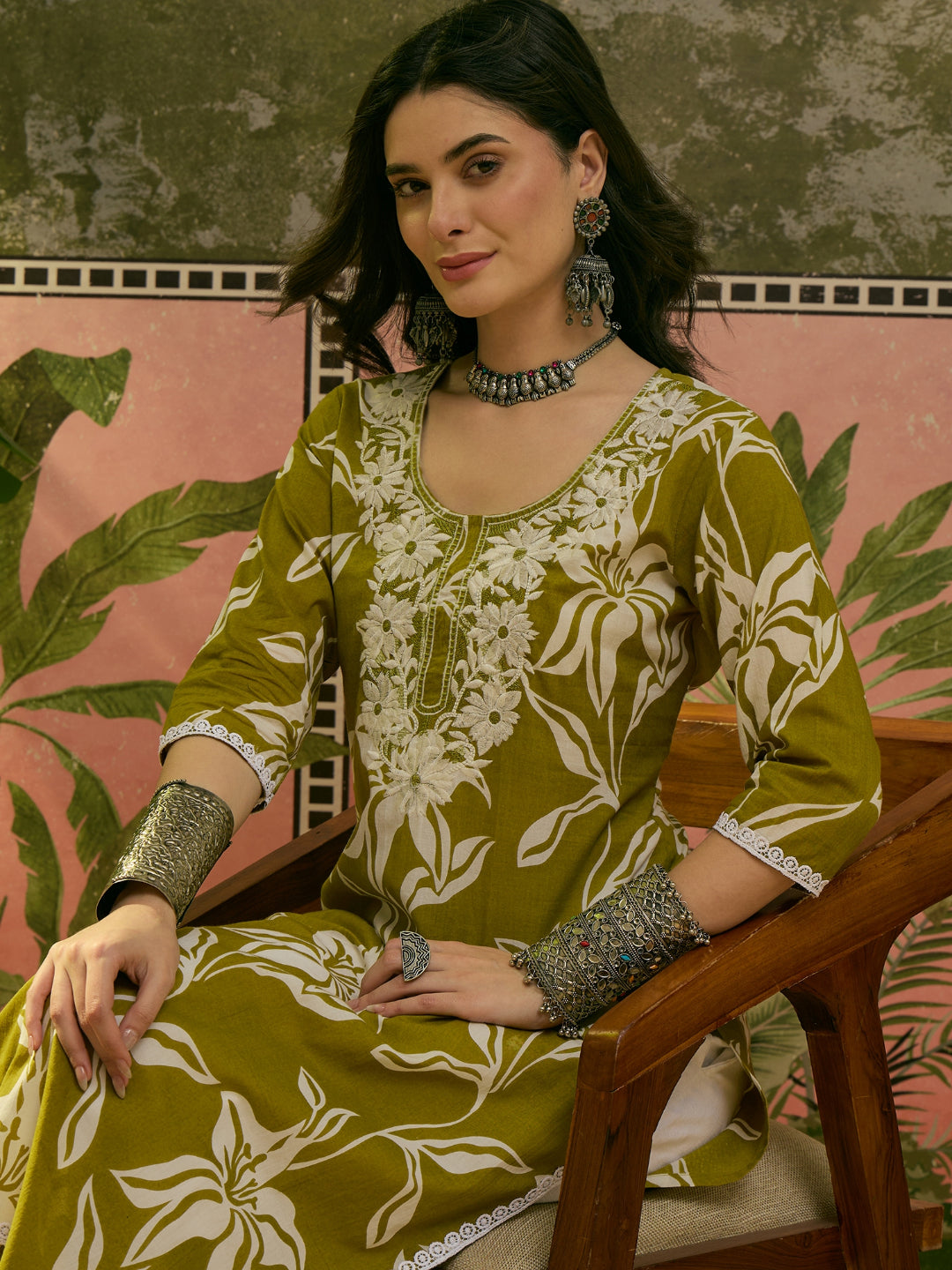 Floral Printed &amp; Embroidered Cotton Straight Kurta