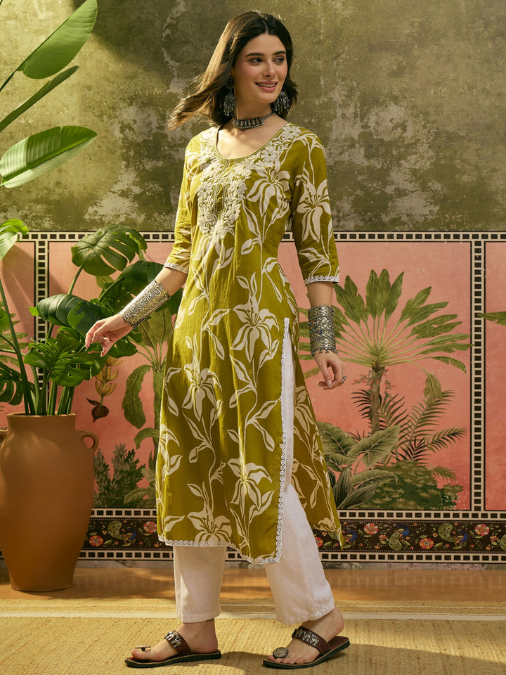 Floral Printed &amp; Embroidered Cotton Straight Kurta
