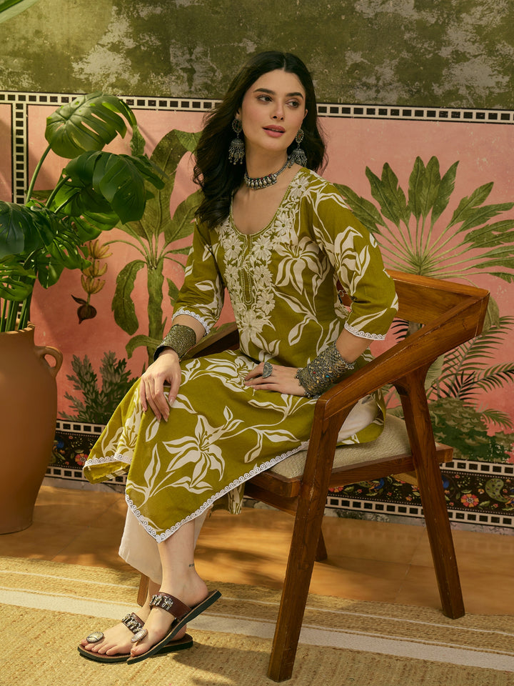 Floral Printed &amp; Embroidered Cotton Straight Kurta