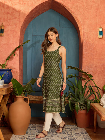 Ethnic Motif Printed Rayon Straight Kurta