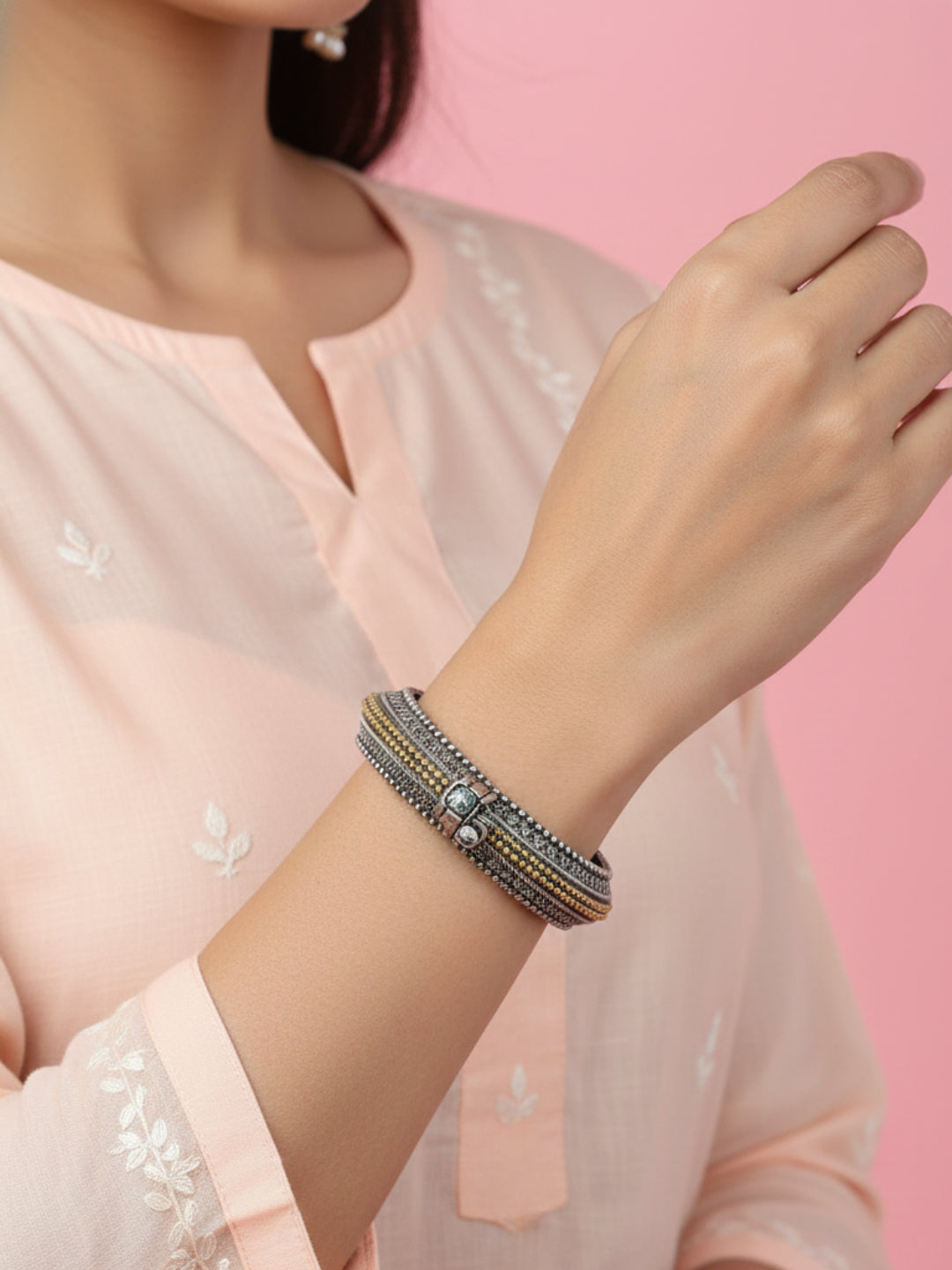 Silver Oxidized Two Tone Brass Kada