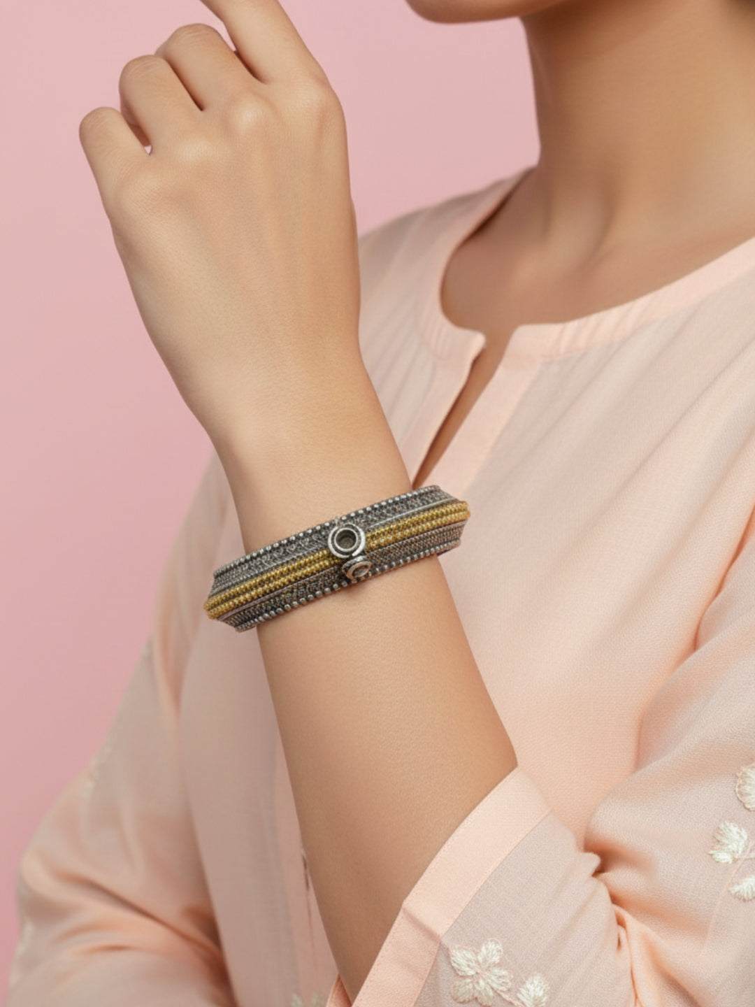 Silver Oxidized Two Tone Brass Kada