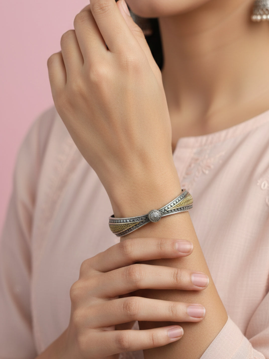 Silver Oxidized Two Tone Brass Kada