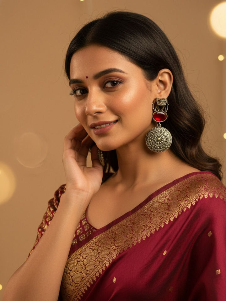 Paisley Motif Oxidised Silver Dangle Earrings