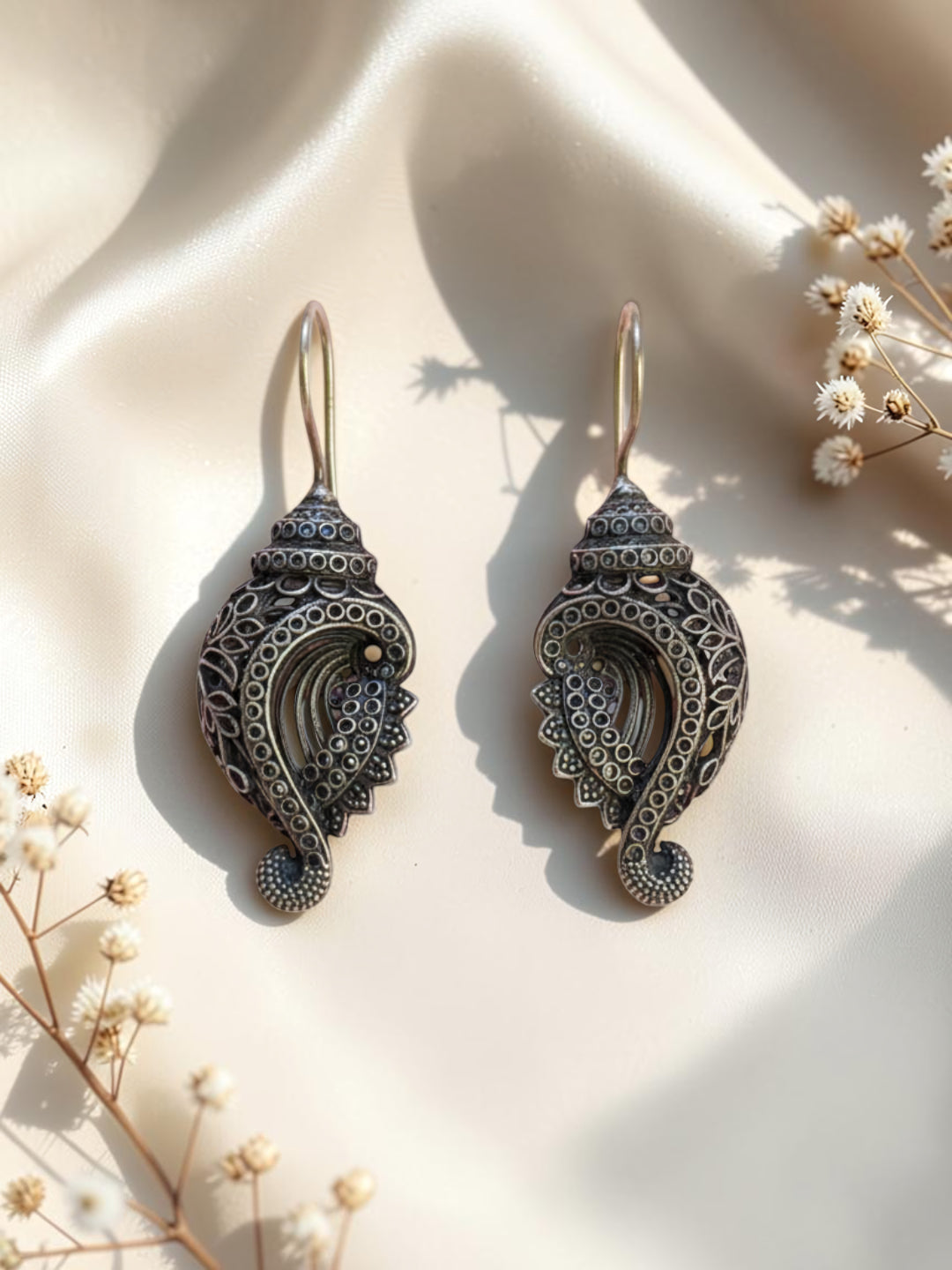 Pink Stone Oxidised Silver Barrel Drop Earrings