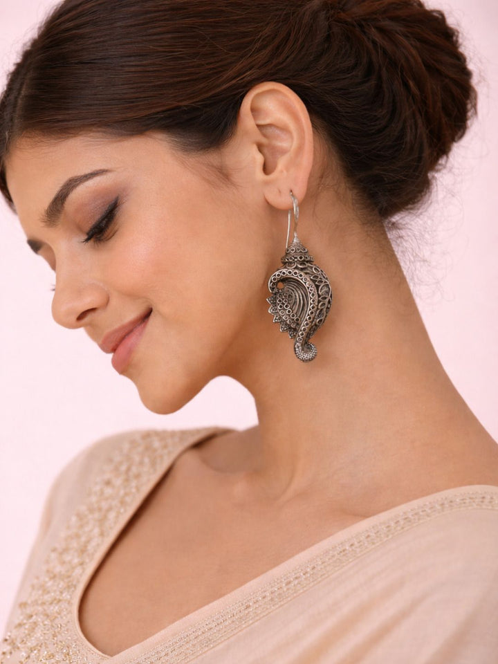 Pink Stone Oxidised Silver Barrel Drop Earrings