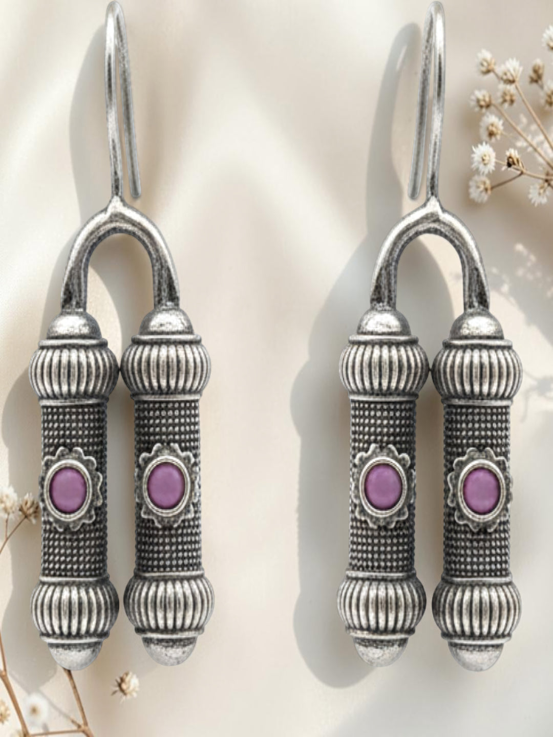 Feather Motif Oxidised Silver Dangle Earrings