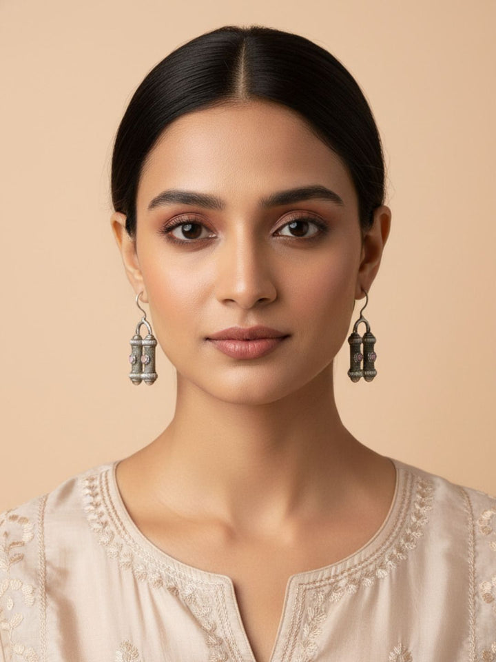 Feather Motif Oxidised Silver Dangle Earrings