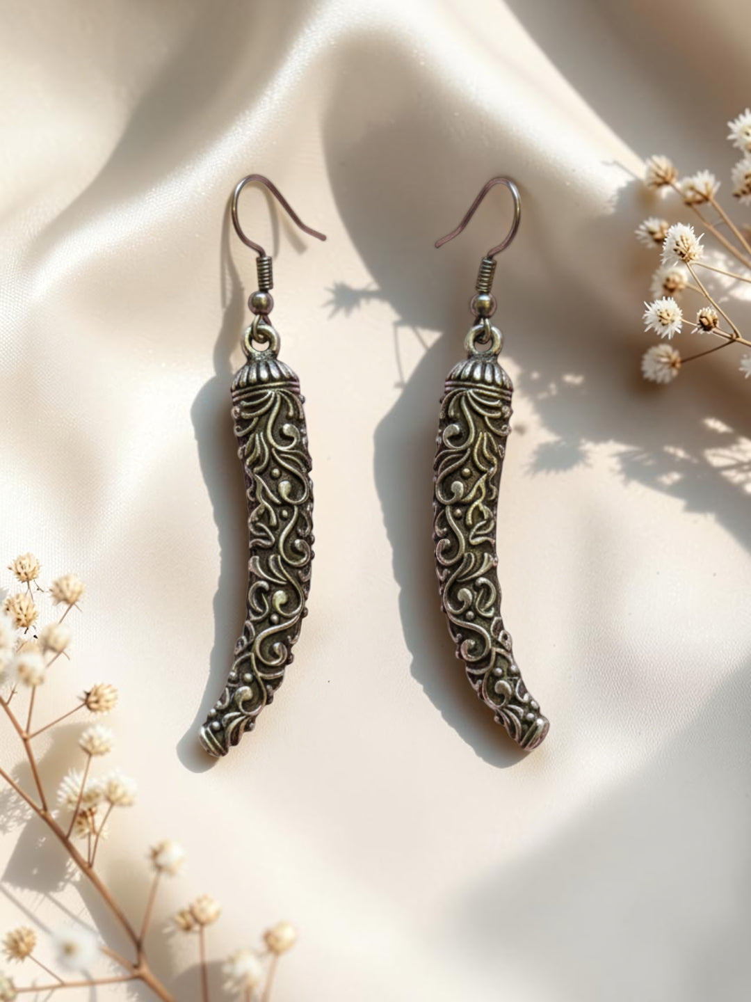 Silver Oxidized Floral Ear Cuffs – Brass Curved Flower Ear Crawlers