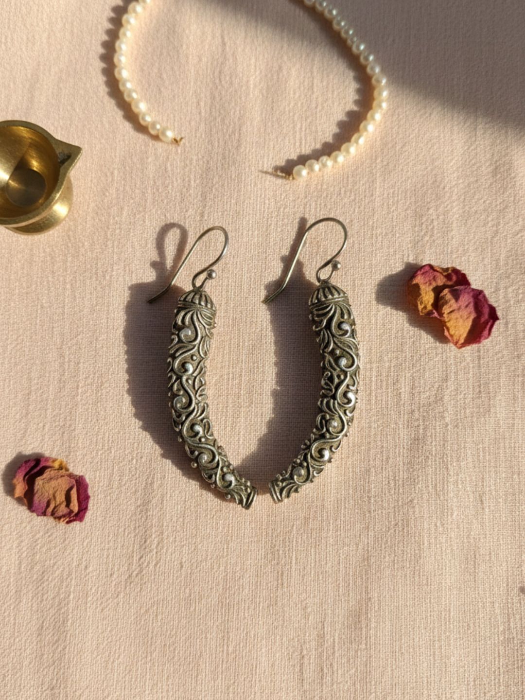Silver Oxidized Floral Ear Cuffs – Brass Curved Flower Ear Crawlers