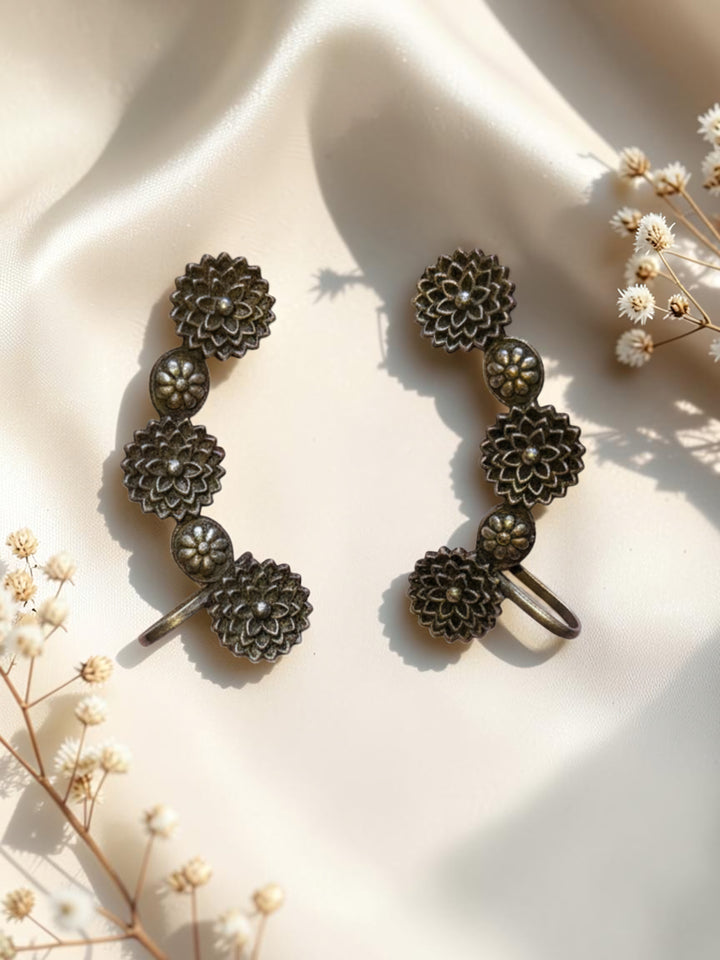 Silver Oxidized Vintage Chakra Filigree Earrings with Sleek Linear Needle Drop