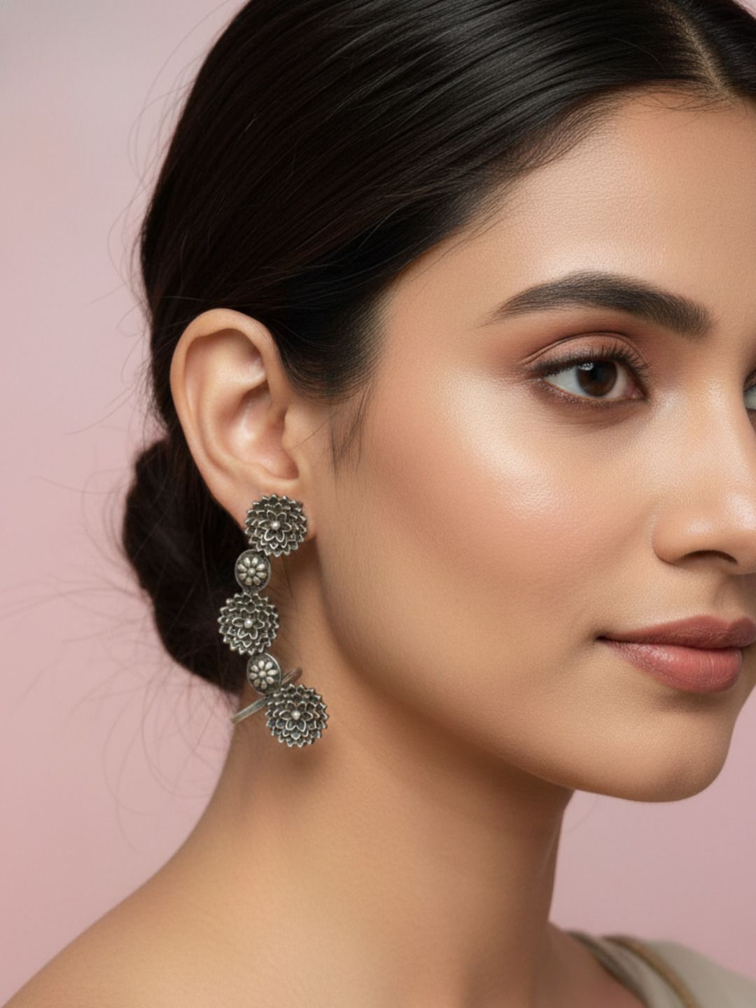 Silver Oxidized Vintage Chakra Filigree Earrings with Sleek Linear Needle Drop