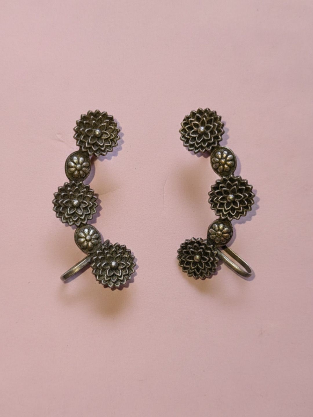 Silver Oxidized Vintage Chakra Filigree Earrings with Sleek Linear Needle Drop