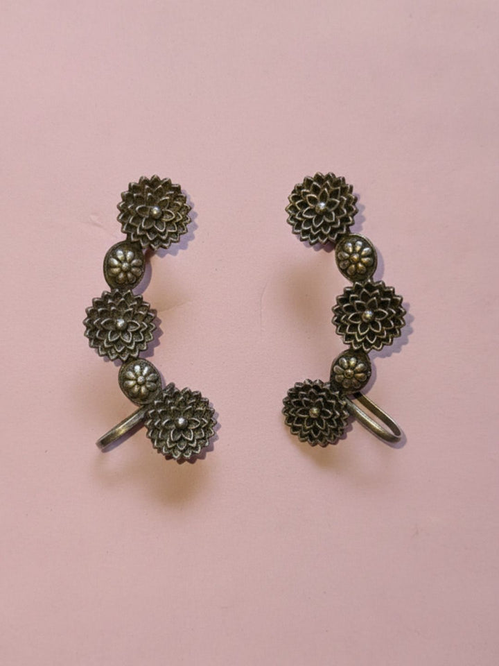 Silver Oxidized Vintage Chakra Filigree Earrings with Sleek Linear Needle Drop