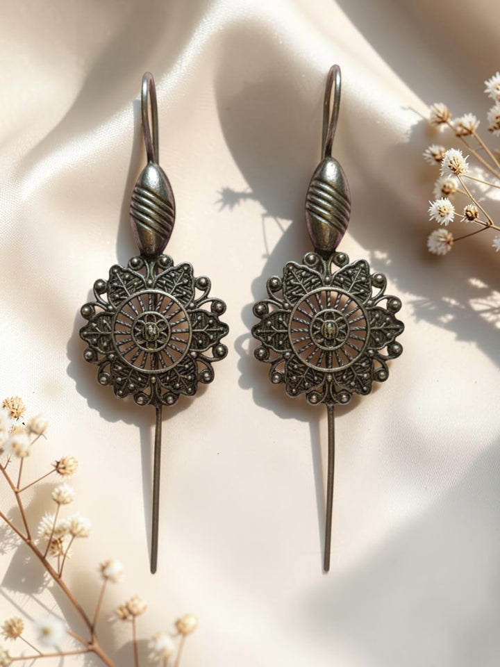 Oxidized Silver Plated Sunflower Wire Loop Earrings  Long Hook Drop Earrings